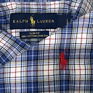 Polo Ralph Lauren Men Large Long Sleeve Button Shirt Plaid Blue Slim Fit Stretch